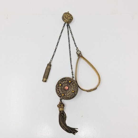 SOLD Antique Victorian Chatelaine Cosmetic Bag Frame Gold Tone Filigree - Picture 3 of 16